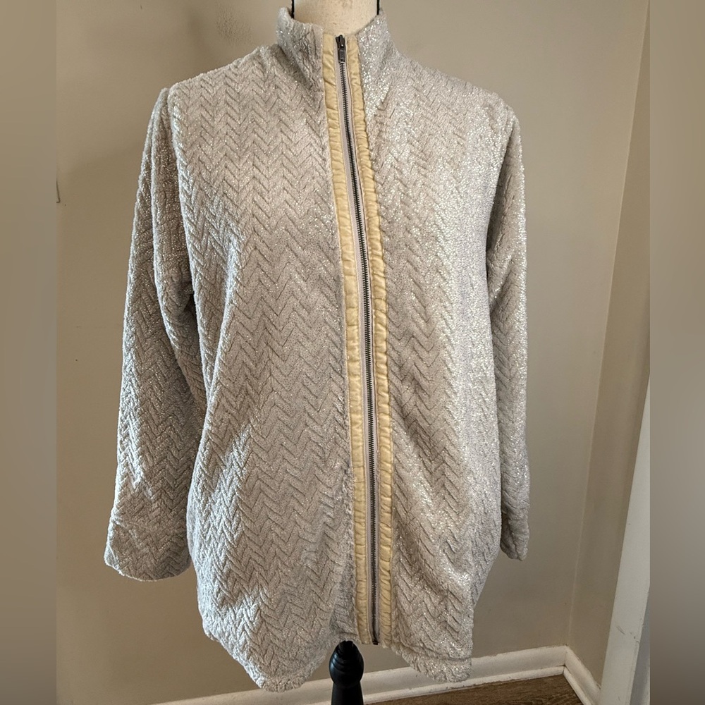 Soft Surroundings chunky gray silver glittery zip faux fur jacket SZ M